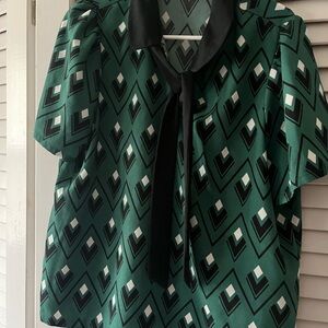 Modcloth Retro style Emerald Geometric Blouse with tie
